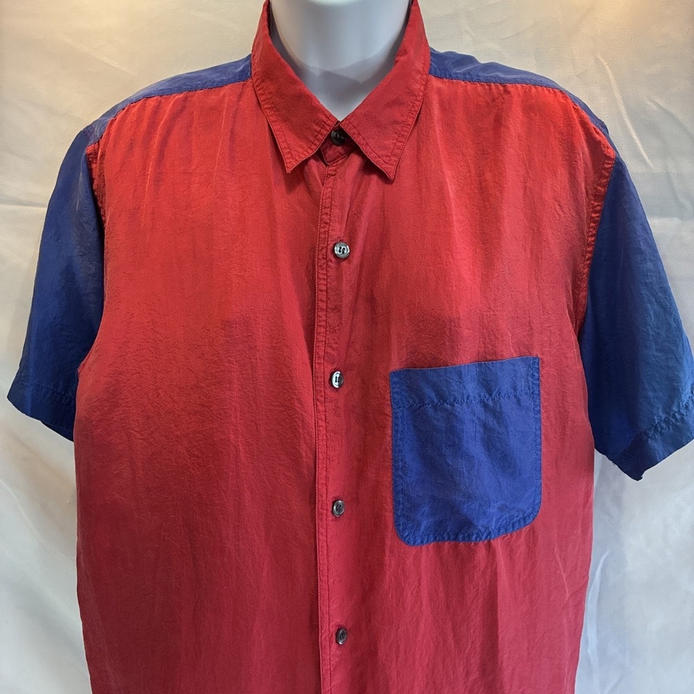 Women's Lg 14-16 Silk VTG Robert Stock Color Block Shirt Blouse Momcore Red Blue - Picture 8 of 13